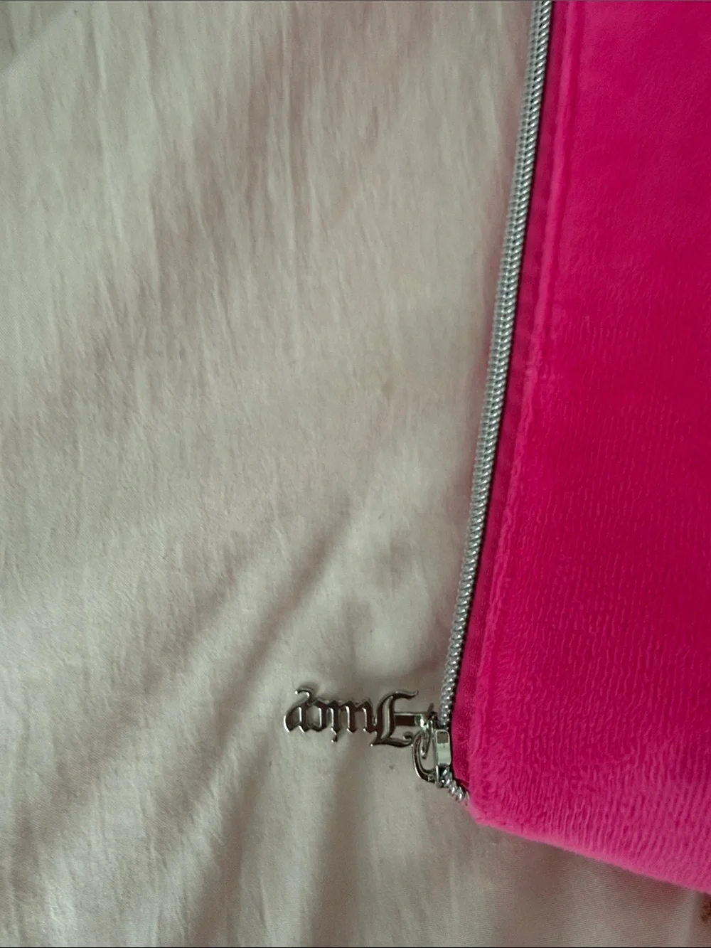 Juicy Couture Bright Hot Pink Plush Cosmetic Pouch with Crystal Logo